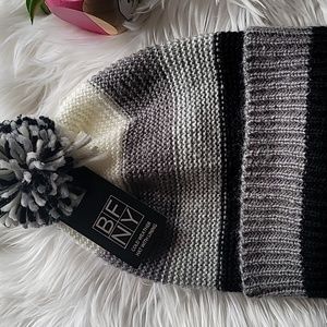 BFNY Black White Gray Pom Pom Cold Weather with Lining Beanie Hat